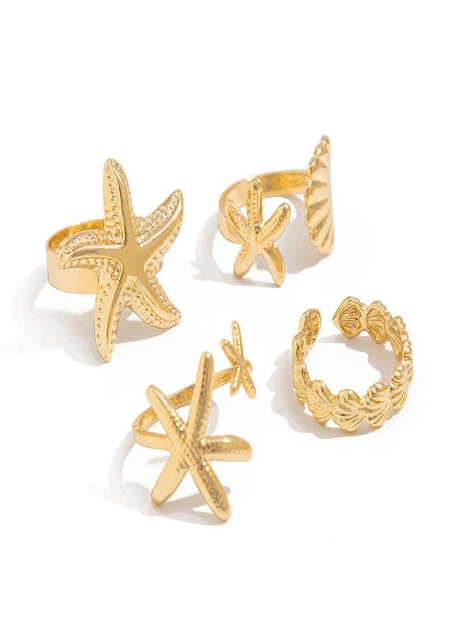 KURTCB Seashell Starfish Rings Set Gold Silver Summer Beach Surfer Conch Stacking Rings Beachy Jewelry for Women 4PCS (Gold) - Image 1